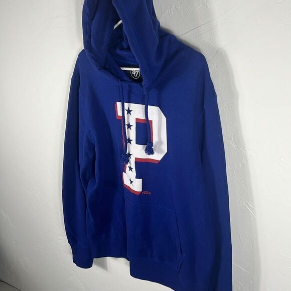 🔥🏀 Vintage PHILADELPHIA 76ers NBA Logo HOODIE SWEATSHIRT ‘47 Brand Sz Lg - EUC - Picture 6 of 10